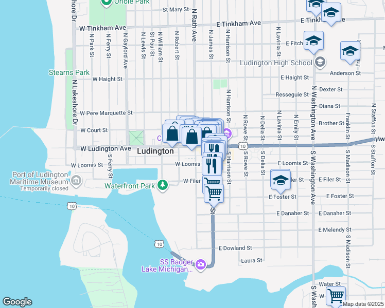 map of restaurants, bars, coffee shops, grocery stores, and more near 208 South Rath Avenue in Ludington