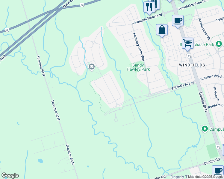 map of restaurants, bars, coffee shops, grocery stores, and more near 570 Windfields Farm Drive West in Oshawa