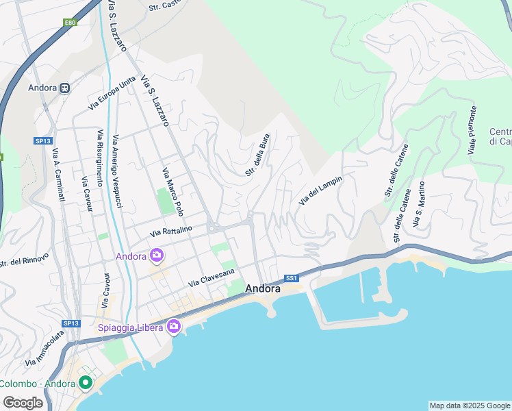 map of restaurants, bars, coffee shops, grocery stores, and more near 38 Viale Giuseppe Mazzini in Marina di Andora