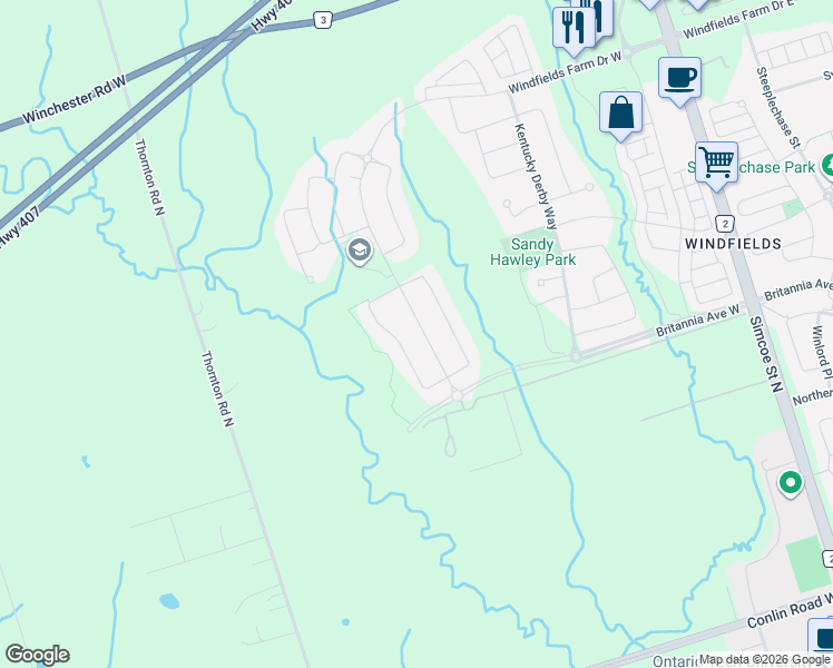 map of restaurants, bars, coffee shops, grocery stores, and more near 570 Windfields Farm Drive West in Oshawa