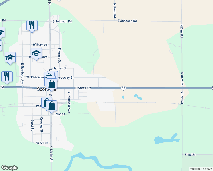 map of restaurants, bars, coffee shops, grocery stores, and more near 510 East State Street in Scottville