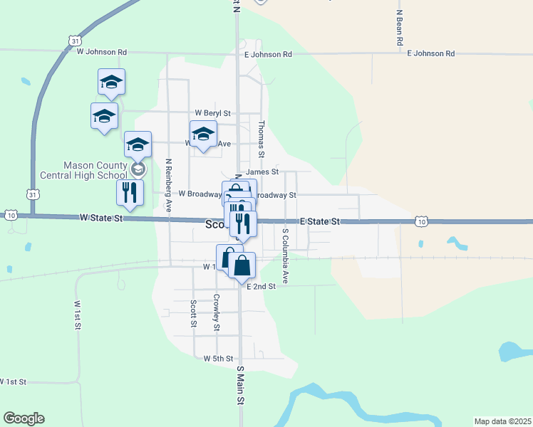 map of restaurants, bars, coffee shops, grocery stores, and more near 110 East State Street in Scottville