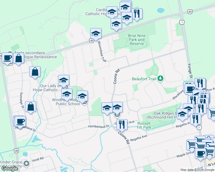 map of restaurants, bars, coffee shops, grocery stores, and more near 52 Beaufort Hills Road in Richmond Hill