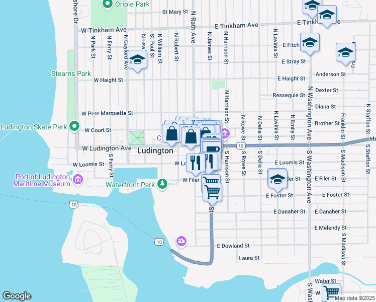 map of restaurants, bars, coffee shops, grocery stores, and more near 225 West Ludington Avenue in Ludington