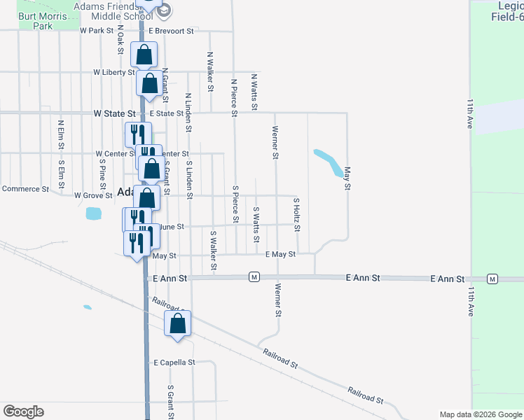 map of restaurants, bars, coffee shops, grocery stores, and more near 522 East Grove Street in Adams