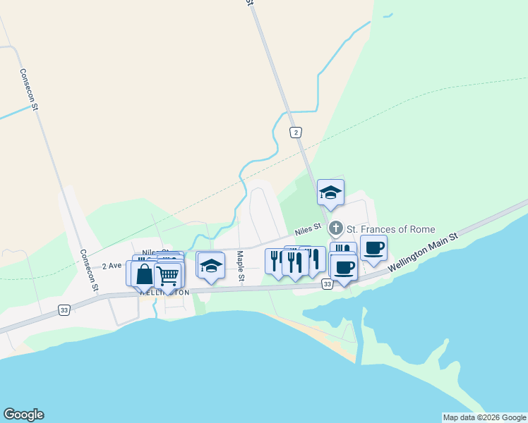 map of restaurants, bars, coffee shops, grocery stores, and more near 84 Westwind Crescent in Prince Edward County