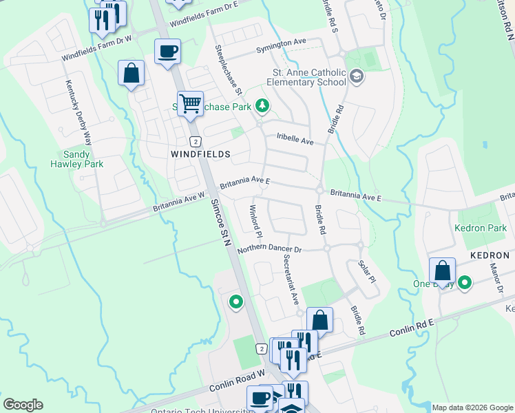 map of restaurants, bars, coffee shops, grocery stores, and more near 2301 Winlord Place in Oshawa