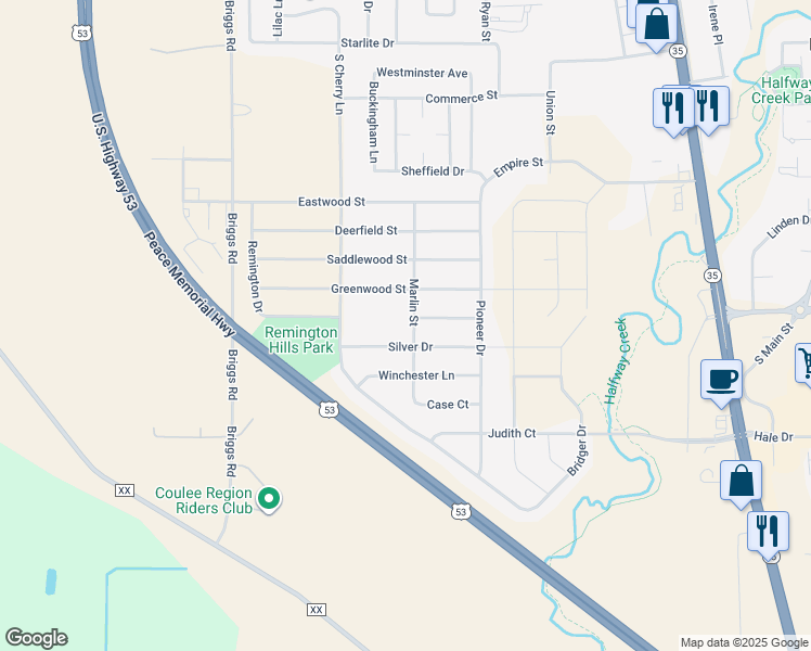 map of restaurants, bars, coffee shops, grocery stores, and more near 1100 Marlin Street in Holmen