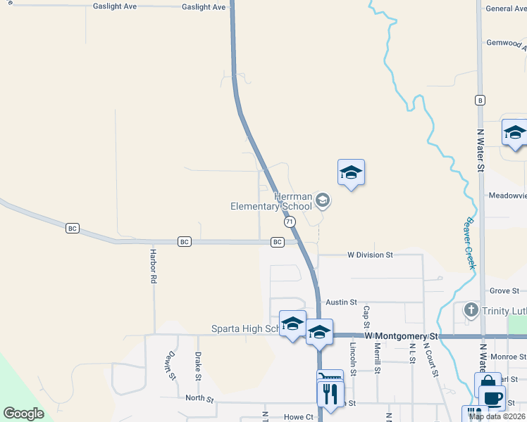 map of restaurants, bars, coffee shops, grocery stores, and more near 15067 Hardware Road in Sparta