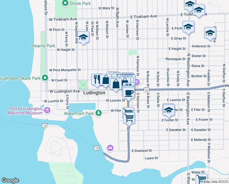 map of restaurants, bars, coffee shops, grocery stores, and more near 225 West Ludington Avenue in Ludington