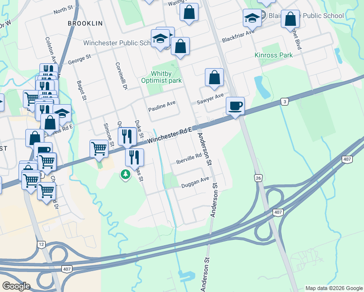 map of restaurants, bars, coffee shops, grocery stores, and more near 26 Blanchard Court in Whitby