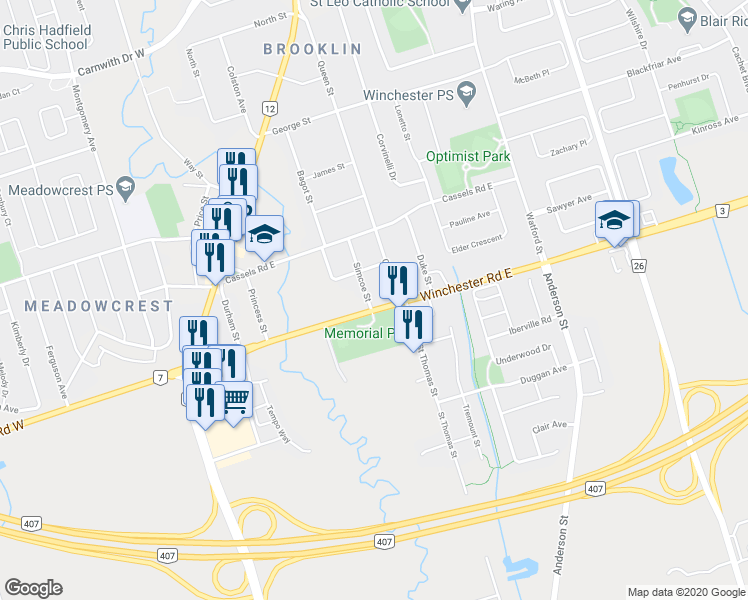map of restaurants, bars, coffee shops, grocery stores, and more near 86 Winchester Road East in Whitby
