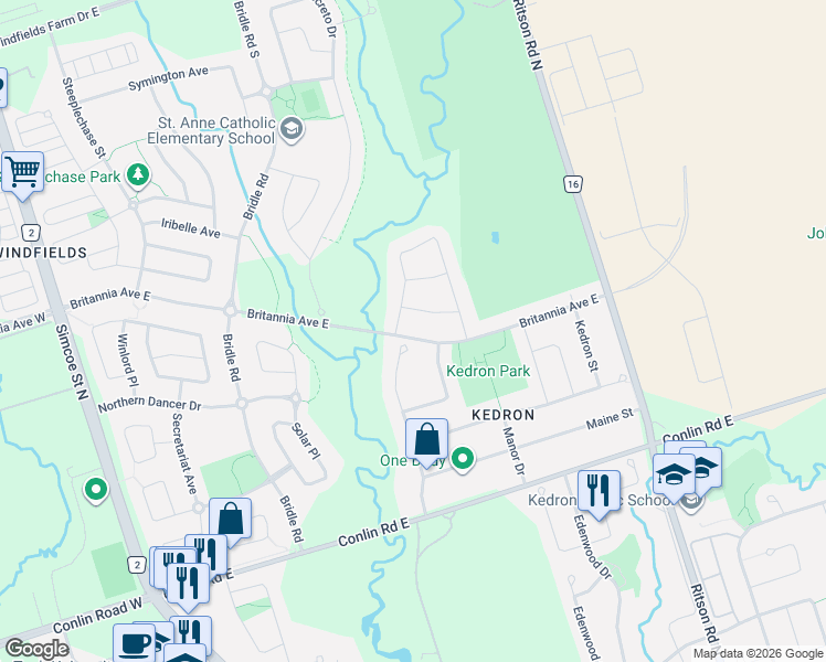 map of restaurants, bars, coffee shops, grocery stores, and more near 348 Britannia Avenue West in Oshawa