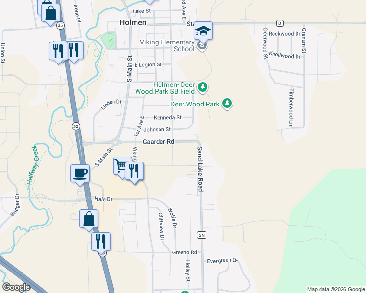 map of restaurants, bars, coffee shops, grocery stores, and more near 312 East Gaarder Road in Holmen