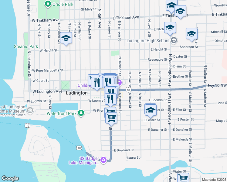 map of restaurants, bars, coffee shops, grocery stores, and more near 130 East Ludington Avenue in Ludington
