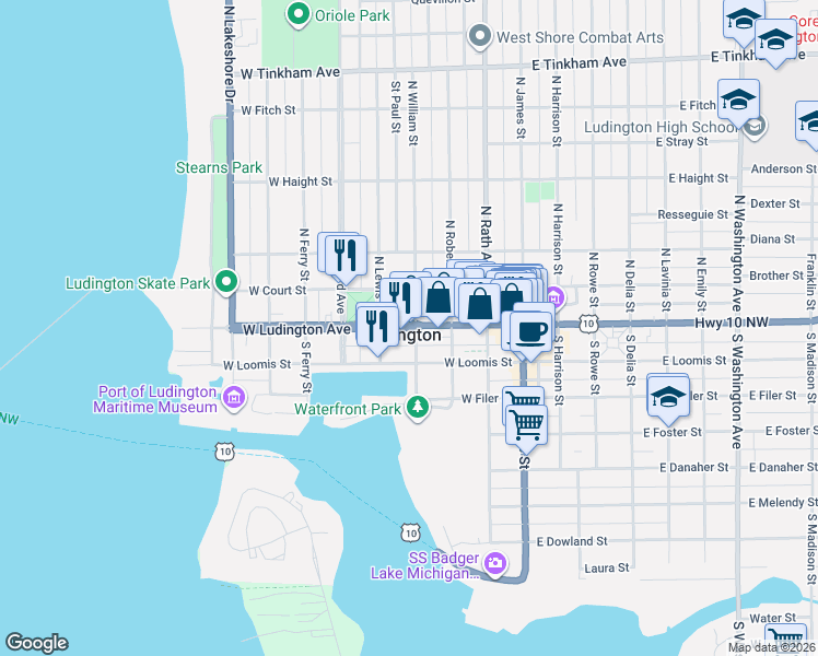 map of restaurants, bars, coffee shops, grocery stores, and more near 401 West Ludington Avenue in Ludington