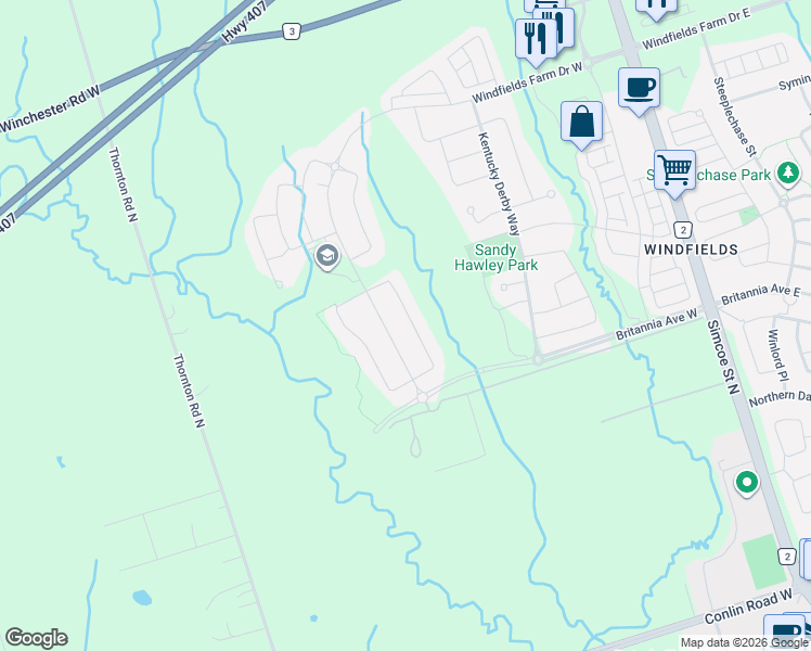 map of restaurants, bars, coffee shops, grocery stores, and more near 2416 Equestrian Crescent in Oshawa