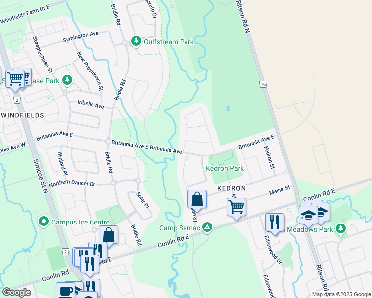 map of restaurants, bars, coffee shops, grocery stores, and more near 290 Britannia Avenue East in Oshawa