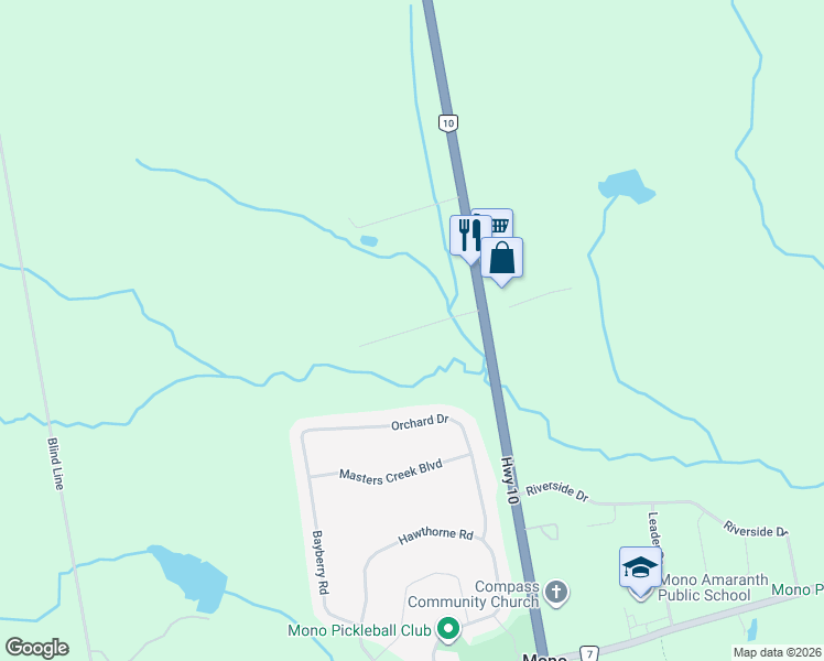 map of restaurants, bars, coffee shops, grocery stores, and more near 6 Campbell Road in Orangeville
