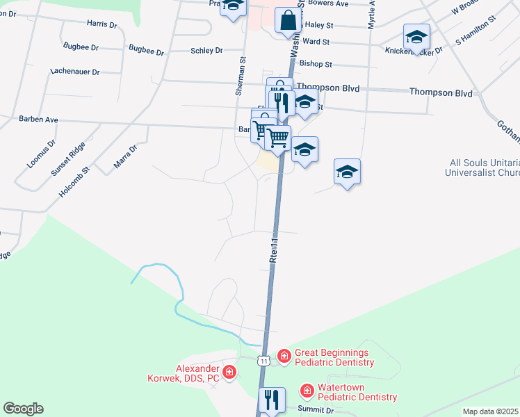 map of restaurants, bars, coffee shops, grocery stores, and more near 1357 Sherman Street in Watertown