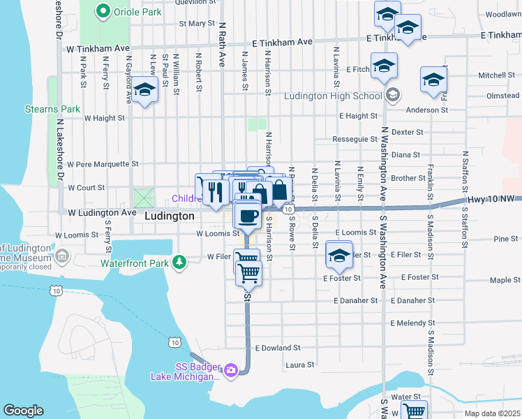 map of restaurants, bars, coffee shops, grocery stores, and more near 130 East Ludington Avenue in Ludington