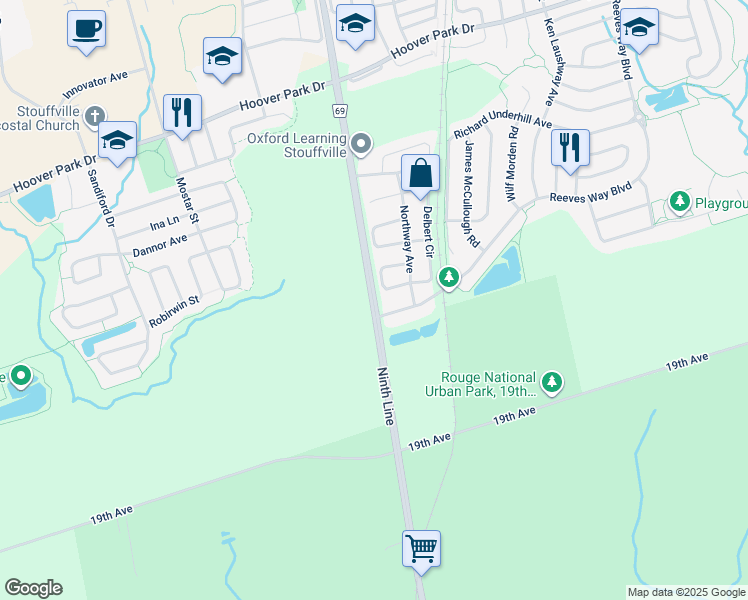 map of restaurants, bars, coffee shops, grocery stores, and more near 12177 Ninth Line in Whitchurch-Stouffville