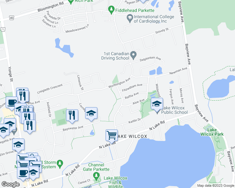 map of restaurants, bars, coffee shops, grocery stores, and more near 108 Wood Rim Drive in Richmond Hill