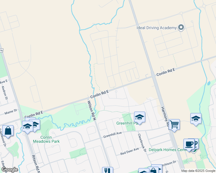 map of restaurants, bars, coffee shops, grocery stores, and more near 880 Conlin Road East in Oshawa