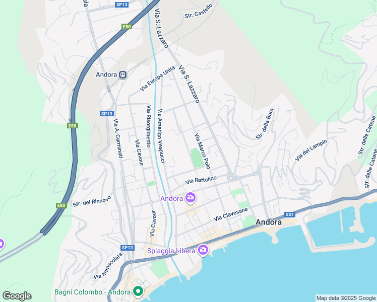 map of restaurants, bars, coffee shops, grocery stores, and more near 58A Via Marco Polo in Marina di Andora