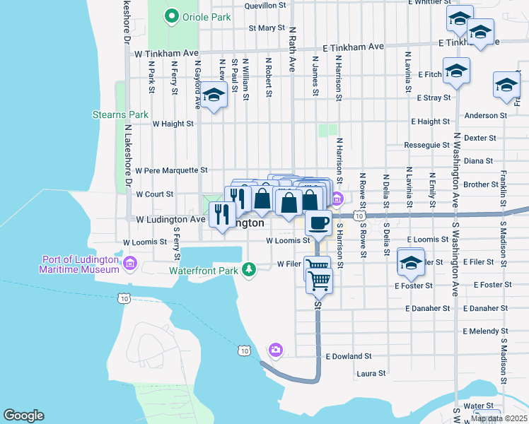 map of restaurants, bars, coffee shops, grocery stores, and more near 302 West Ludington Avenue in Ludington