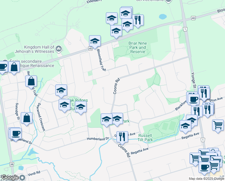 map of restaurants, bars, coffee shops, grocery stores, and more near 129 Coons Road in Richmond Hill