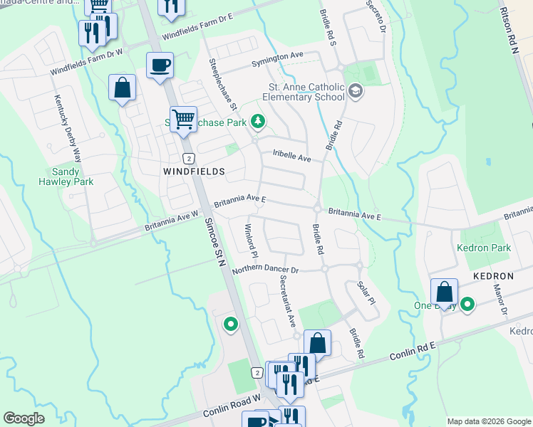 map of restaurants, bars, coffee shops, grocery stores, and more near 2339 Pilgrim Square in Oshawa
