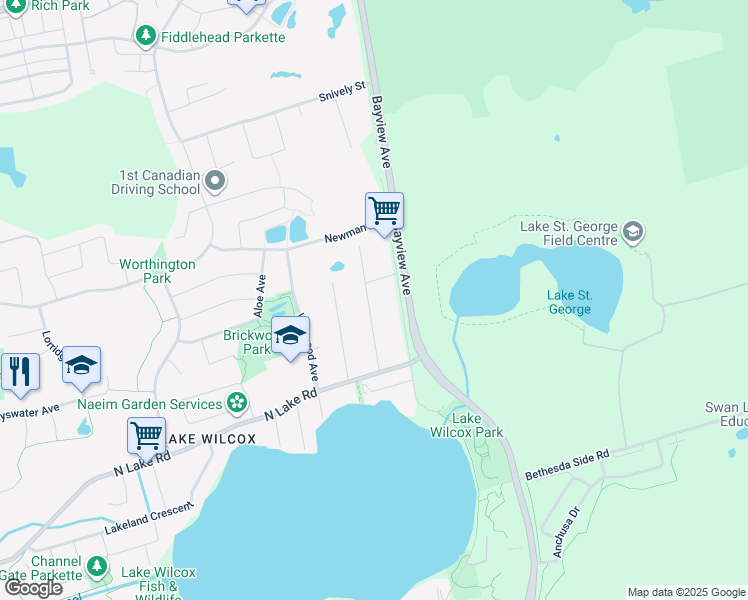 map of restaurants, bars, coffee shops, grocery stores, and more near 83 Moray Avenue in Richmond Hill