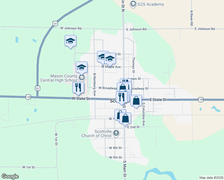 map of restaurants, bars, coffee shops, grocery stores, and more near 115 West Broadway Street in Scottville