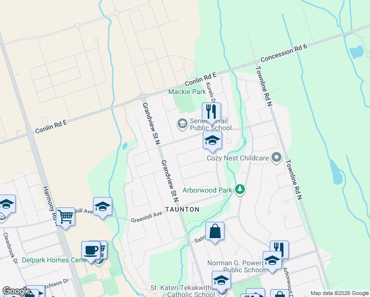 map of restaurants, bars, coffee shops, grocery stores, and more near 1342 Harlstone Crescent in Oshawa