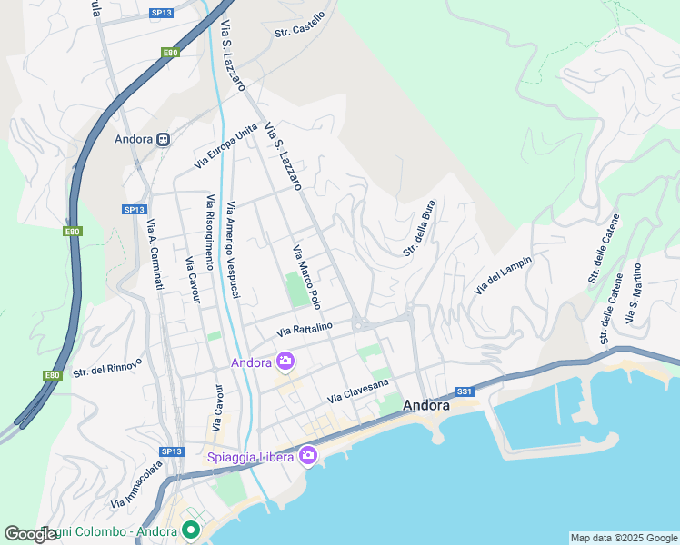 map of restaurants, bars, coffee shops, grocery stores, and more near 51A Via S. Lazzaro in Marina di Andora