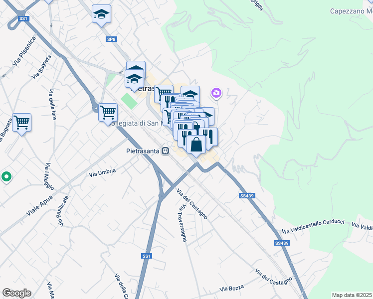 map of restaurants, bars, coffee shops, grocery stores, and more near 9 Via Sauro in Pietrasanta
