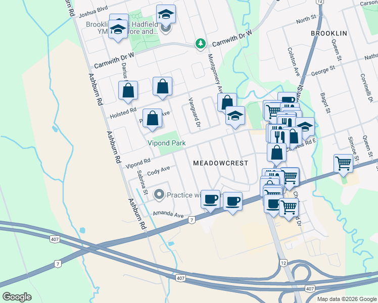 map of restaurants, bars, coffee shops, grocery stores, and more near 55 Ferguson Avenue in Whitby