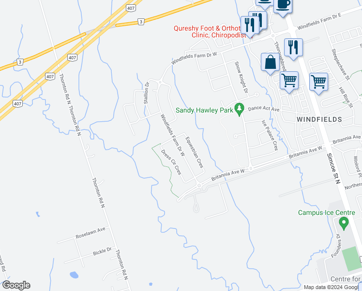 map of restaurants, bars, coffee shops, grocery stores, and more near 499 Windfields Farm Drive West in Oshawa