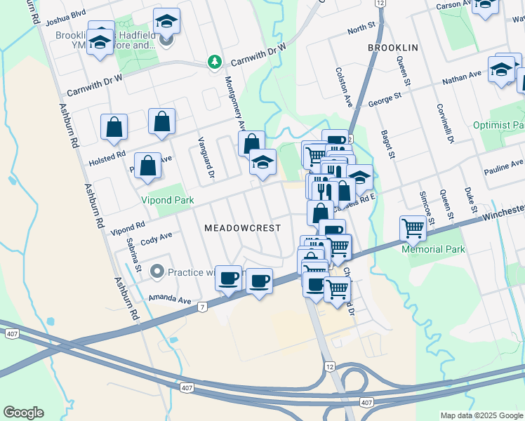map of restaurants, bars, coffee shops, grocery stores, and more near 43 Montgomery Avenue in Whitby