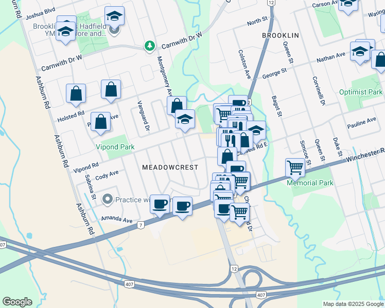 map of restaurants, bars, coffee shops, grocery stores, and more near 43 Montgomery Avenue in Whitby