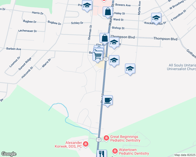 map of restaurants, bars, coffee shops, grocery stores, and more near 1357 Sherman St in Watertown