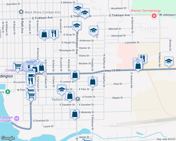 map of restaurants, bars, coffee shops, grocery stores, and more near 721 East Ludington Avenue in Ludington