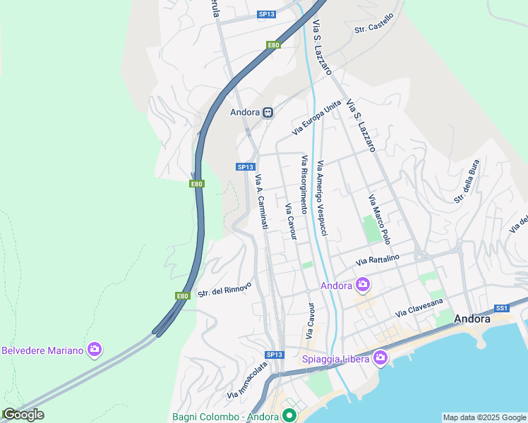 map of restaurants, bars, coffee shops, grocery stores, and more near 160 Via A. Carminati in Marina di Andora
