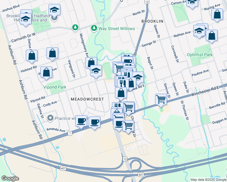 map of restaurants, bars, coffee shops, grocery stores, and more near 10 Cassels Road West in Whitby