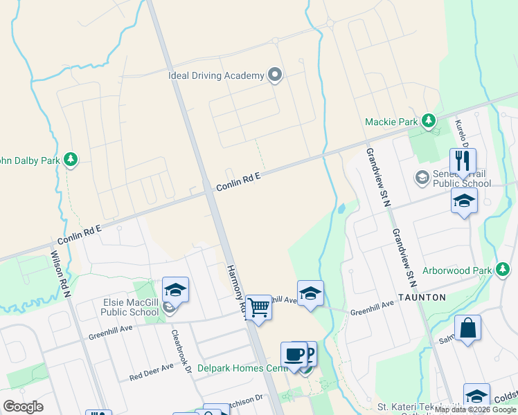 map of restaurants, bars, coffee shops, grocery stores, and more near 1201 Conlin Road East in Oshawa