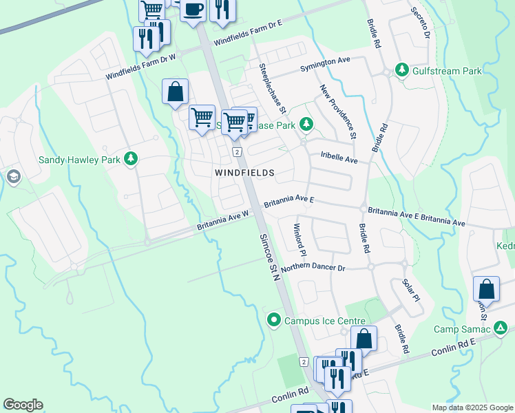 map of restaurants, bars, coffee shops, grocery stores, and more near Simcoe St N & Britannia Ave in Oshawa