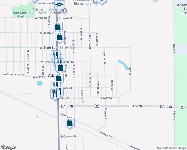 map of restaurants, bars, coffee shops, grocery stores, and more near 522 East Grove Street in Adams