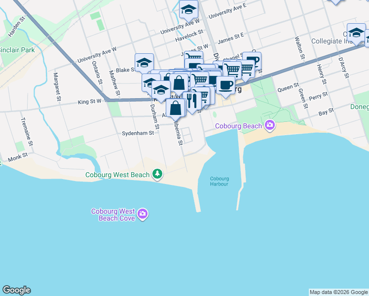 map of restaurants, bars, coffee shops, grocery stores, and more near 107 Marisa Lane in Cobourg