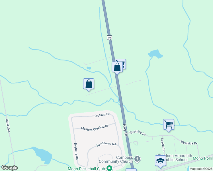 map of restaurants, bars, coffee shops, grocery stores, and more near 6 Campbell Road in Orangeville